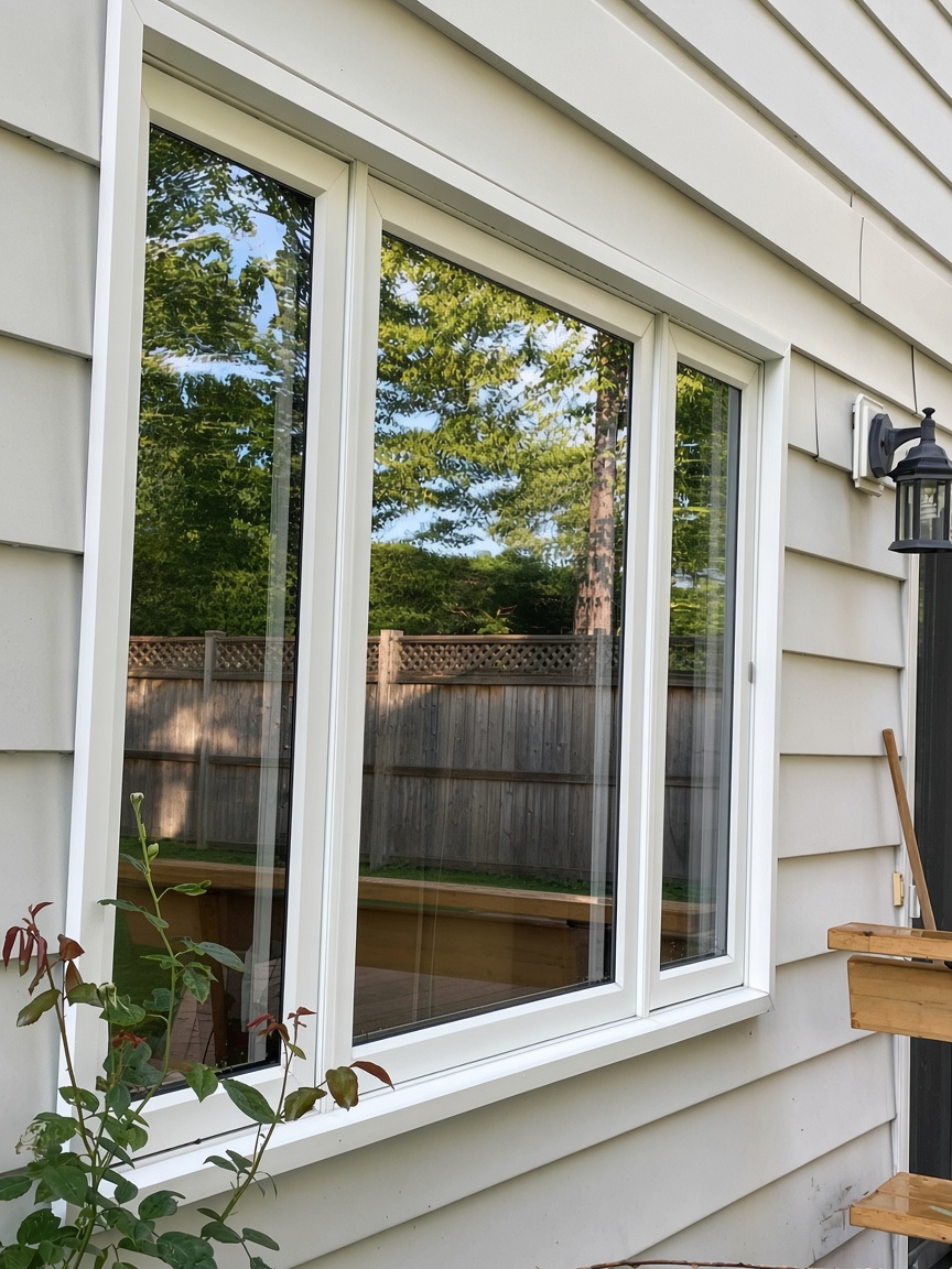 Exterior view of newly installed modern white-framed three-panel windows on light gray siding reflecting a sunny backyard and green trees