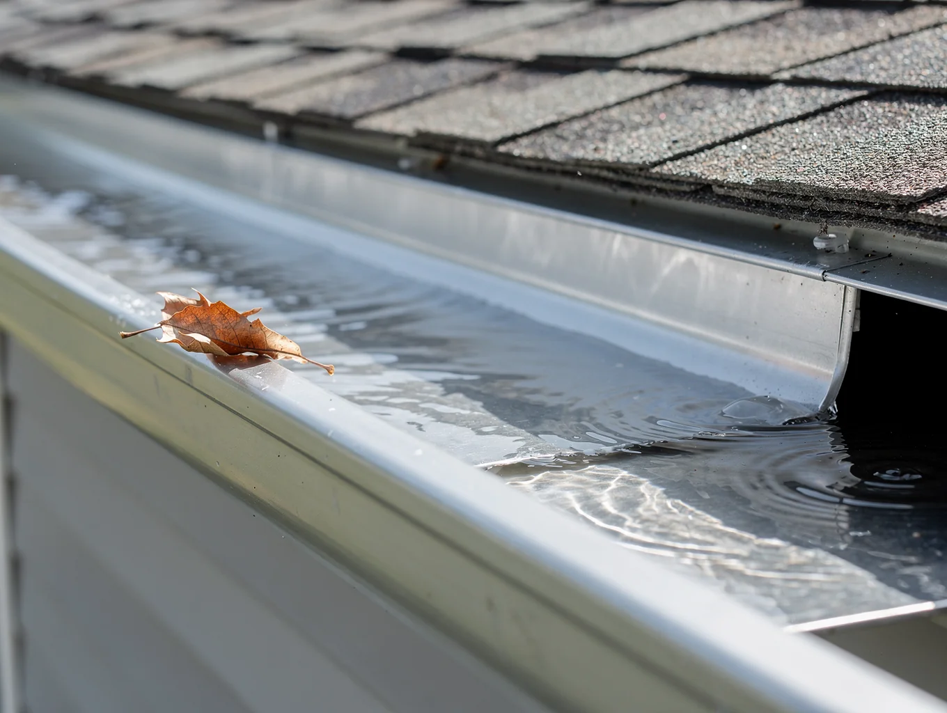 Spotless cleared gutter channel along a clean residential roofline
