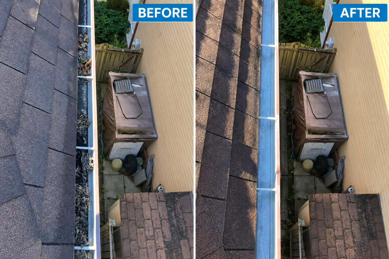 Before and after gutter cleaning results